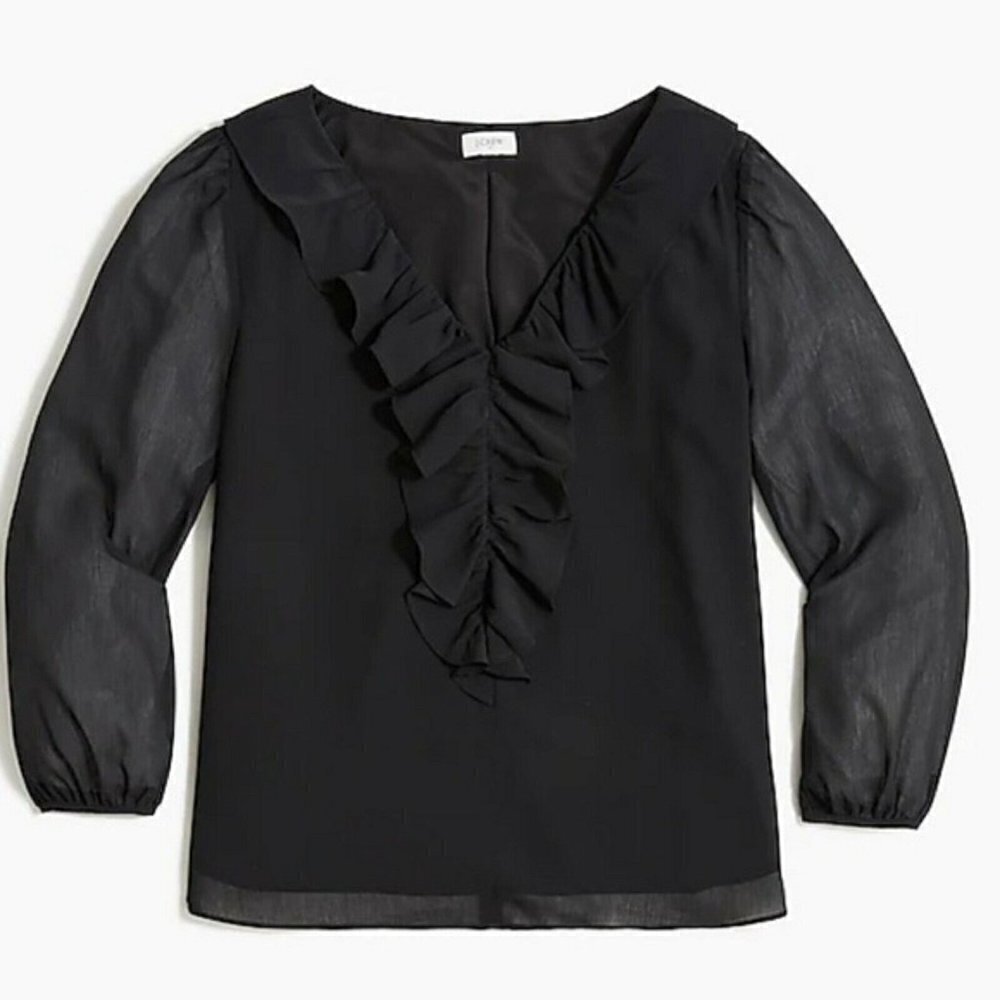J. Crew Factory V-Neck Ruffle Long Sleeve Top blouse BB297 Black XS